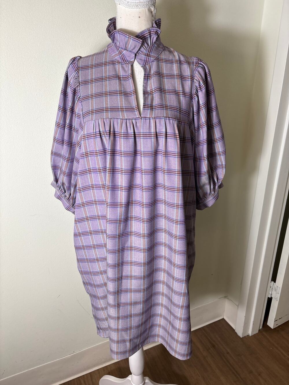 Jade Puprle Plaid Ruffle Neckline Mini Dress Sz XS